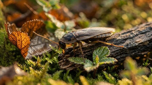 dubia cockroach on tropical forest floor morning light close up video