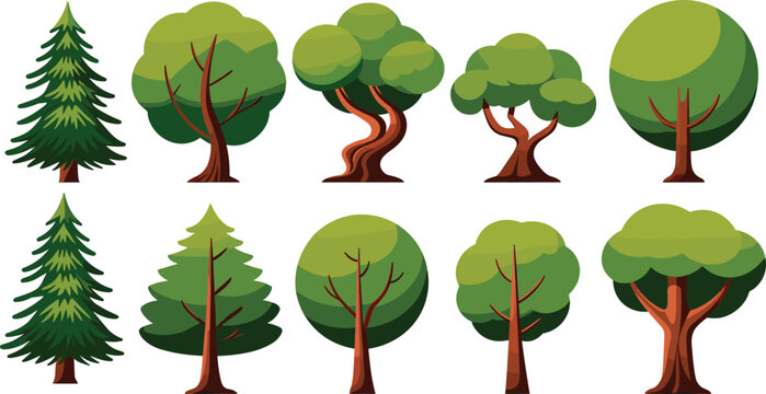 Collection of green vector trees icons with cartoon foliage and conifer pine elements set isolated on white background