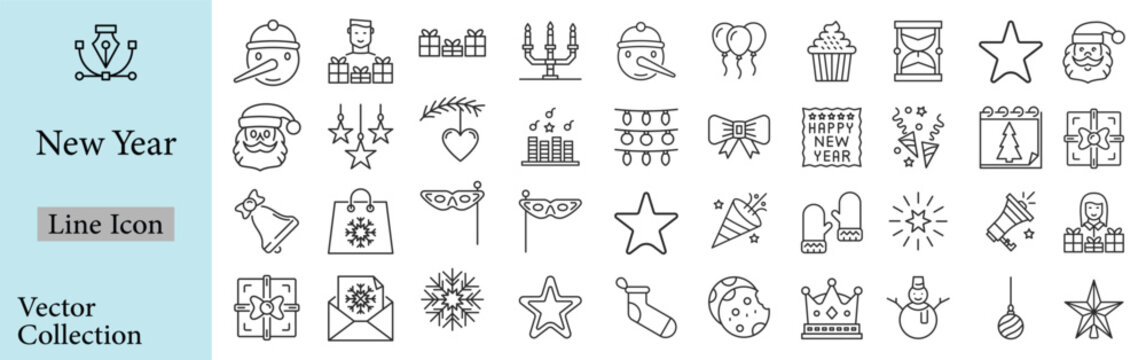 New Year celebration party line art vector doodle set with champagne clock fireworks and disco ball icons