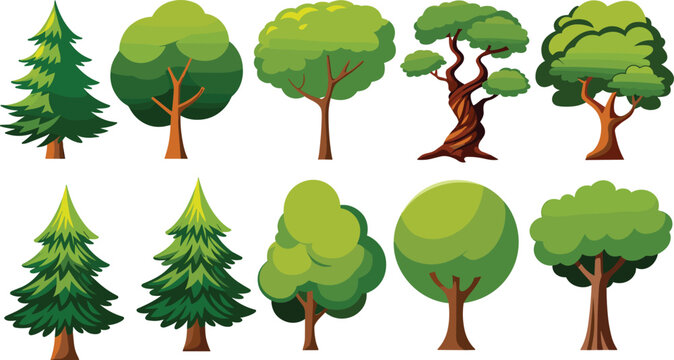 Collection of green vector trees icons with cartoon foliage and conifer pine elements set isolated on white background