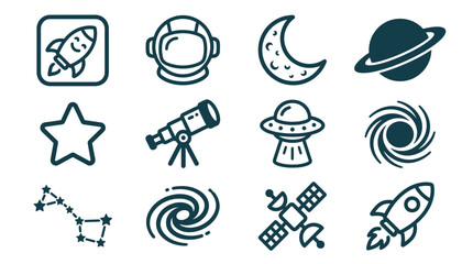 Set of twelve minimalist black outline space icons featuring rockets, astronaut helmet, moon, Saturn, star, telescope, UFO, galaxy, constellation, and satellite on a white background. © Latifatul