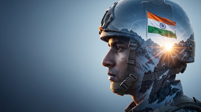 A double exposure portrait of an Indian soldier blended with Himalayan mountain landscape for Kargil Vijay Diwas fine art tribute