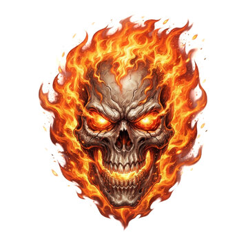 Fiery burning skull with flames in a dark background