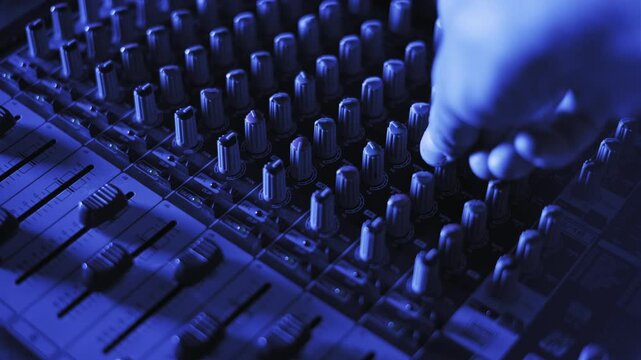 High angle close-up of a producer's hand twisting multiple rotary knobs on an audio console. Equalization settings are adjusted under dynamic red, blue, and purple club lighting.
