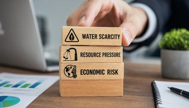 Wooden blocks with icons and text on a desk with a hand holding one block  water scarcity resource pressure economic risk