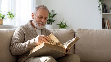 Fototapeta premium Senior Man Looking Through Family Photo Album, Memories, Reflection and Retirement Lifestyle