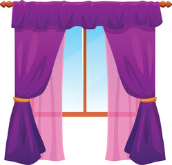 Window with purple curtains labrecque and drapery on cornice tied on sides of tassel, vector flat interior textile shade © sabelskaya