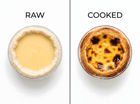 Photo of raw and cooked egg tarts side by side on a white background