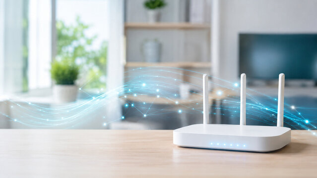 Broadband Router With Glowing WiFi Signal Network