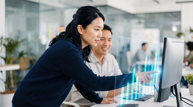 Colleagues analyzing digital growth charts on computer