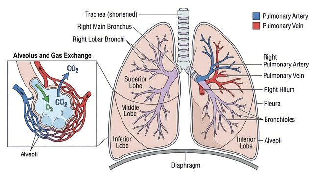 Medical illustration showing human lung anatomy with internal gas exchange at alveoli level.