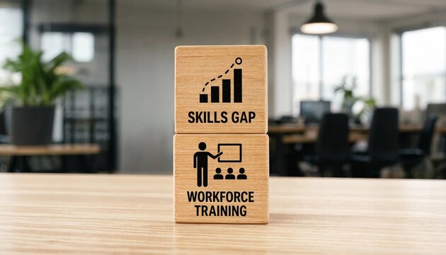 Wooden blocks with skills gap and workforce training text in a modern office environment with blurred background  business concept