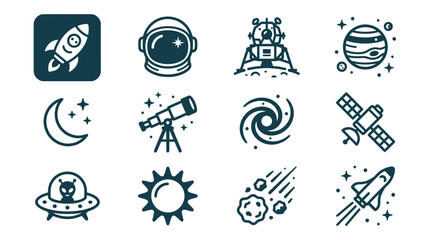 Space exploration vector line icon collection featuring rocket, astronaut, moon lander, planet, telescope, galaxy, satellite, UFO, sun, and asteroid symbols on a white background. © Latifatul