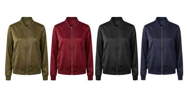Set of four satin bomber jackets in various colors PNG on white background with outerwear PNG on white background