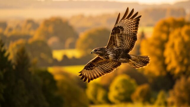 common buzzard flying over scottish highlands golden light close up video