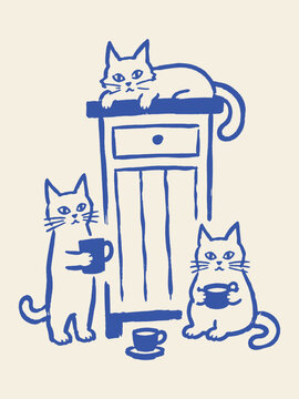 Cats and Coffee Naive Abstract Doodle Vector Illustration
