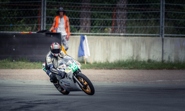 Regular training in Riga, Latvia, Bikernieki on 12-05-2026  Motorcycle racer leaning into a turn on an outdoor track