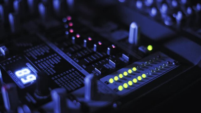 Close-up of a professional audio mixing console showing fluctuating yellow LED level meters and a digital display. The scene is set in a dark, blue-lit recording studio with shallow focus.