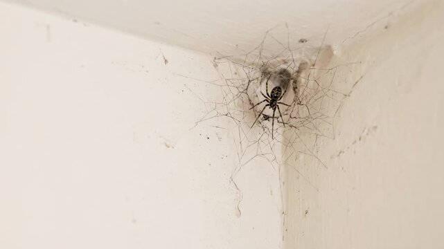 common house spider web corner on wall in english countryside uk close up video