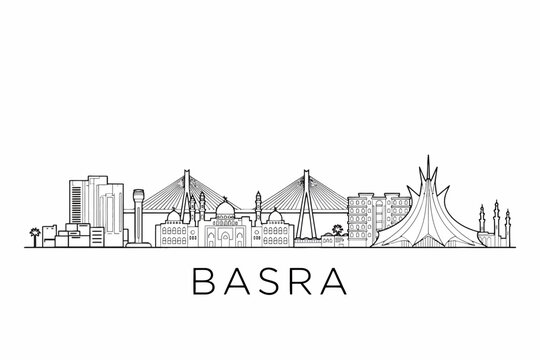 Basra city skyline with buildings and bridge illustration  Middle Eastern urban landscape