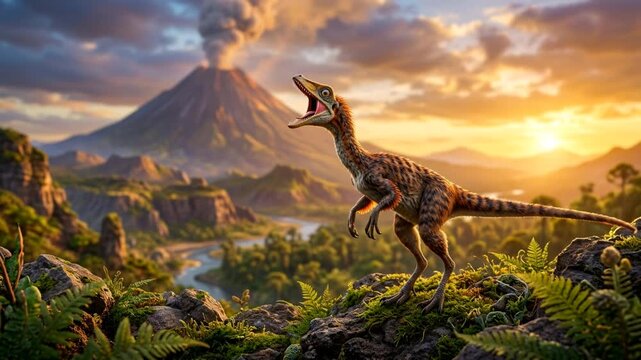 compsognathus dinosaur roaring near volcano in jurassic landscape germany golden light video