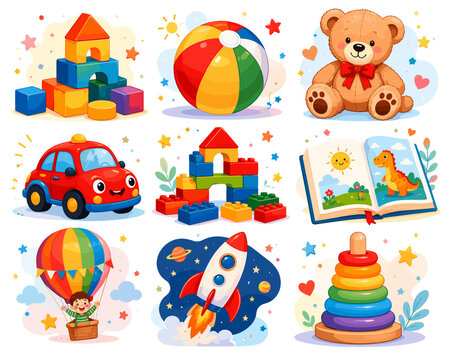 Bright, cheerful toys fill a playful, colorful scene. Soft bear smiles warmly beside a beach ball. Children's books, blocks, and rockets spark joy. Toy car drives happily through a sunny world