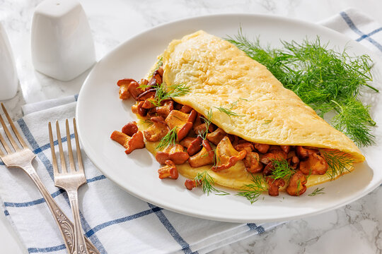 Egg omelet with fried wild chanterelles and dill