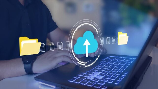Cloud storage and data transfer concept. Cloud upload and download icons, secure file sharing, online backup and digital data management. 