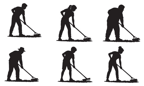Silhouettes of people using rakes to level the soil and clean the garden ground area outside.