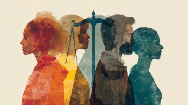 Silhouettes of diverse people merge, with scales of justice overlayed, symbolizing equality and fairness