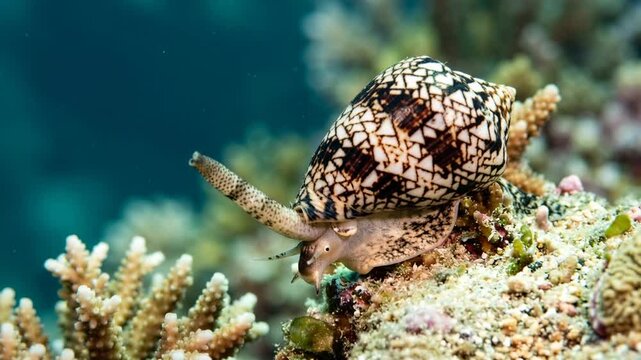 cone snail moving underwater in great barrier reef australia close up video
