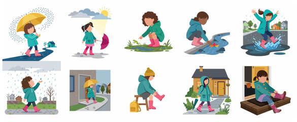 Fototapeta premium Set of flat vector illustrations featuring a little girl enjoying rainy day activities, wearing a raincoat and boots, jumping in puddles, and walking with an umbrella.