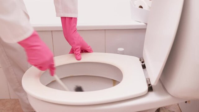 Person wears white scrubs and pink gloves. They use a plunger on a toilet seat. The bathroom has white tiles and a clean sink. Their hands show focused cleaning effort
