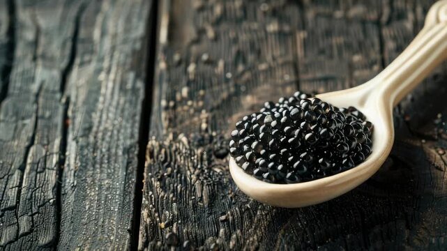Close-up of glossy black caviar piled on a wooden spoon over rustic dark wood, highlighting rich texture and luxury gourmet seafood appeal