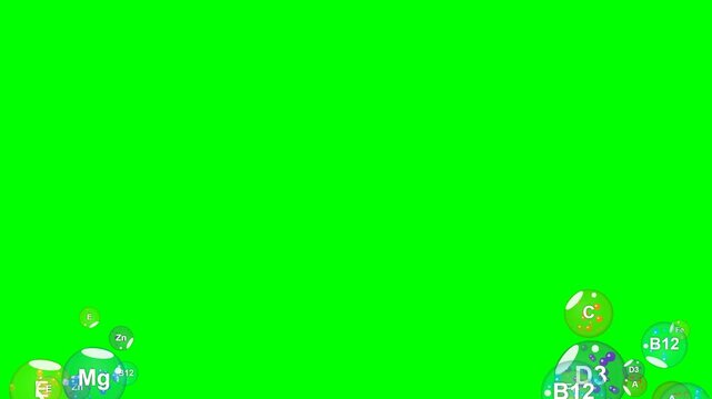 Floating Vitamin and Mineral Spheres on Green Screen. An animated sequence of essential nutrients like iron, zinc, and magnesium bubbles, perfect for health and wellness project overlays