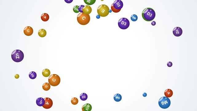 Vitamins and Minerals Floating Spheres Background. A clean 4k motion graphic animation of essential nutrients spinning, perfect for health, medical, and nutrition projects