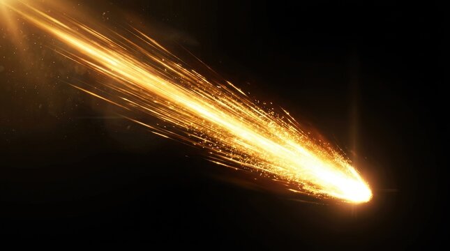 Comet Blazing Through Space with Bright Golden Tail and Fiery Trail in Dark Cosmic Background Featuring Celestial, Astronomy