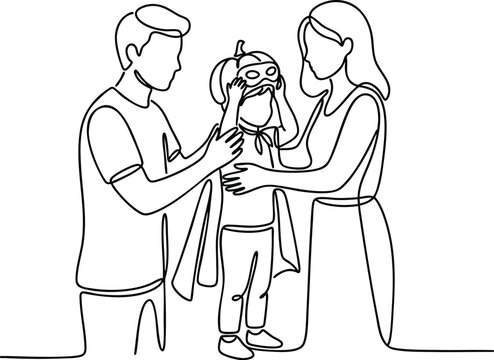 Family helping child with pumpkin costume and mask parents assisting young kid with festive outfit preparation