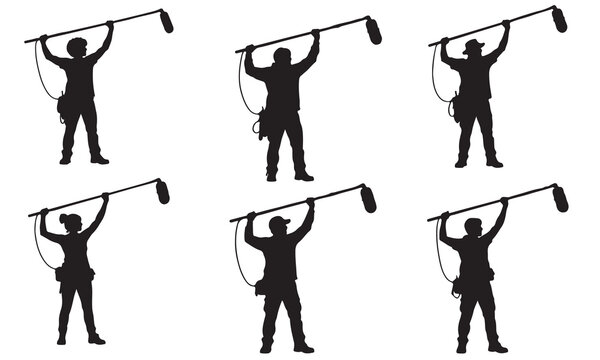 Collection of sound recordist silhouettes holding boom microphones for film and video production