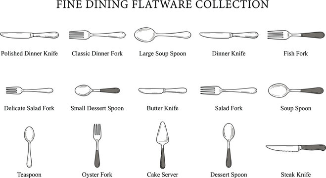 Fine dining flatware collection sketch vector illustration featuring classic silverware forks knives spoons cake servers and cutlery elements for restaurant menu graphics
