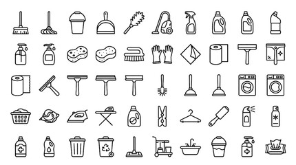 Fototapeta premium Cleaning and Laundry Service Line Icon Set Featuring Broom Iron Spray Bottle Washing Machine Sponge and Soap Dispenser for Household Maintenance
