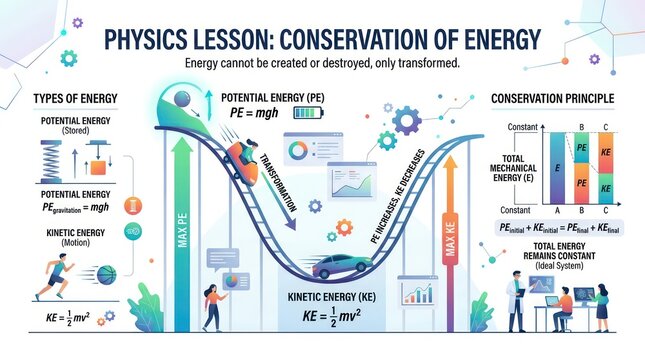 Physics lesson on conservation of energy showing roller coaster car energy transformations.