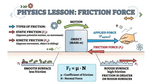 Detailed science poster showing physics principles of friction on different surfaces types.