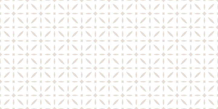 Subtle minimal vector seamless background. Abstract geometric floral pattern with diamonds, flower silhouettes, leaves, lattice. Simple beige and white ornament in oriental style. Repeated geo design