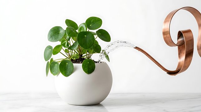 A round white pot holding a green Chinese money plant receives a stream of water from a copper watering can
