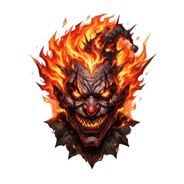 Angry demon or fiery monster with burning flames and sharp teeth in dark fantasy style