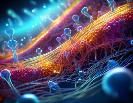 microscopic view of eukaryotic cell membrane with active transport and membrane potential dynamics