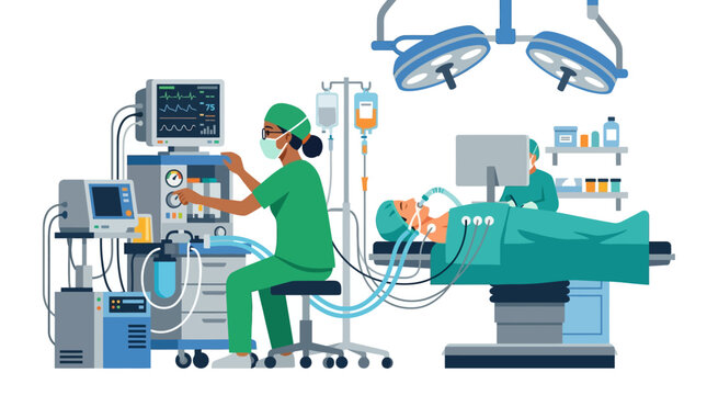 Anesthesiologist Monitors Patient During Surgery with Medical Equipment