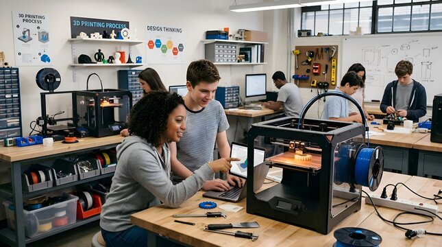 Students learning 3D printing in a modern classroom workshop