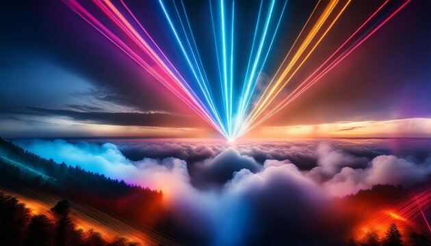 vibrant laser beams cut through billowing smoke clouds creating a mesmerizing and futuristic spectacle